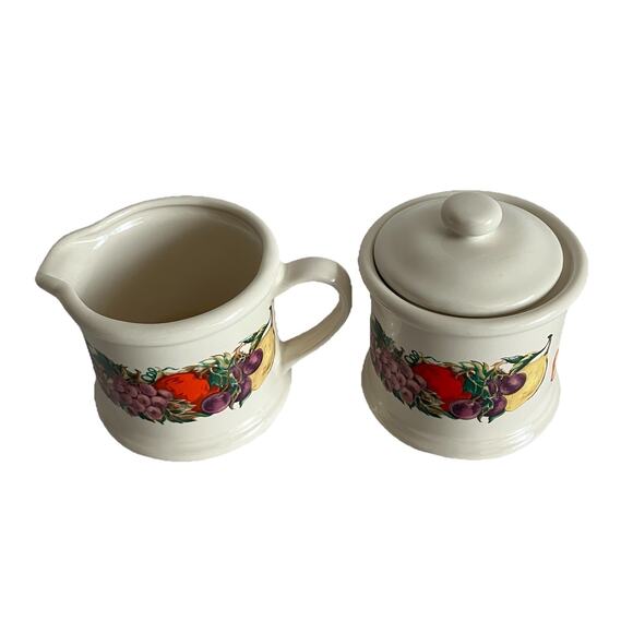 Vtg Cornucopia Small Sugar Bowl Canister w Lid and Creamer Fruit Discontinued - Picture 2 of 6